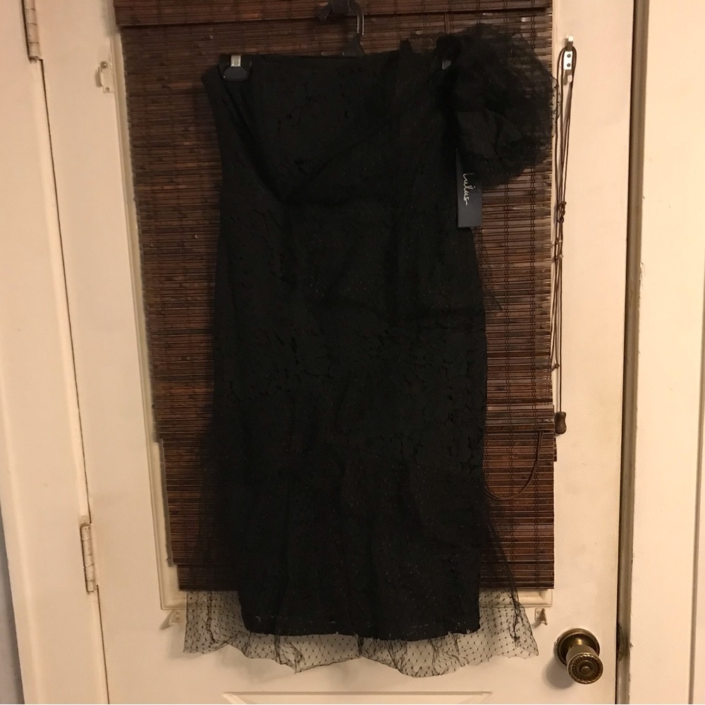 NWT Lulus  Black Lace Strapless Bustier Mermaid One Shoulder Maxi Dress